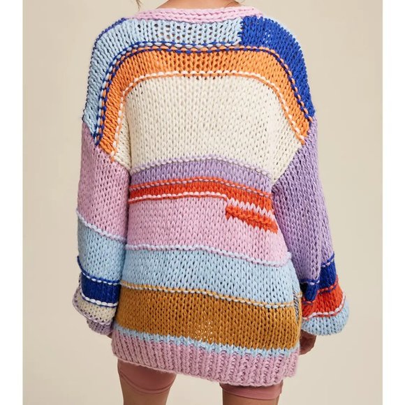 NWT Hand Knit Multi Striped Cardigan Sweater - Picture 4 of 5